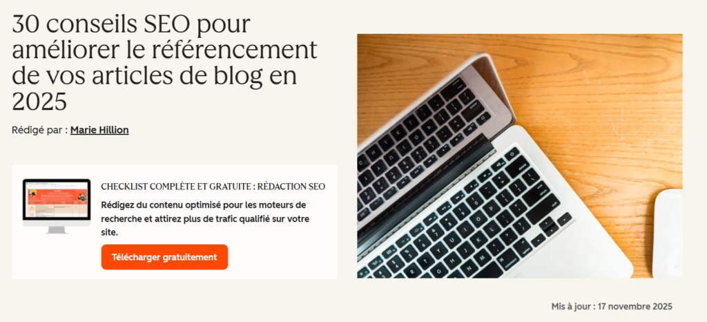 Capture d’écran d’un article HubSpot présentant 30 conseils SEO sous forme de listicle