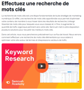 Capture d’écran d’un contenu Semrush expliquant la recherche de mots-clés dans une logique de méthode structurée