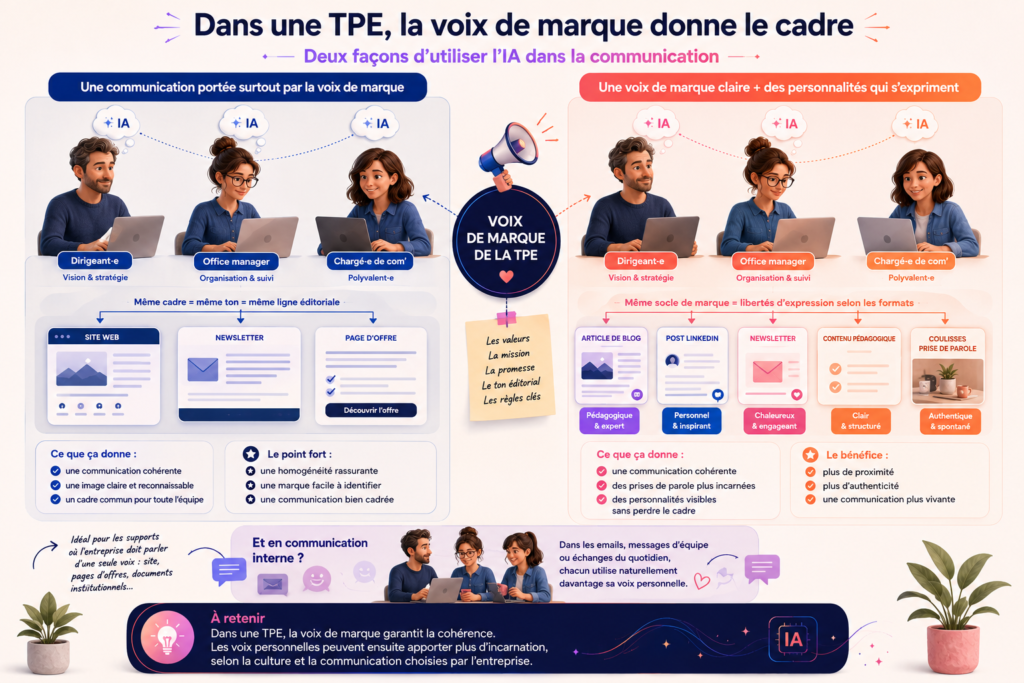 Infographie expliquant comment une TPE peut utiliser l’IA avec une voix de marque cohérente tout en laissant s’exprimer plusieurs voix personnelles