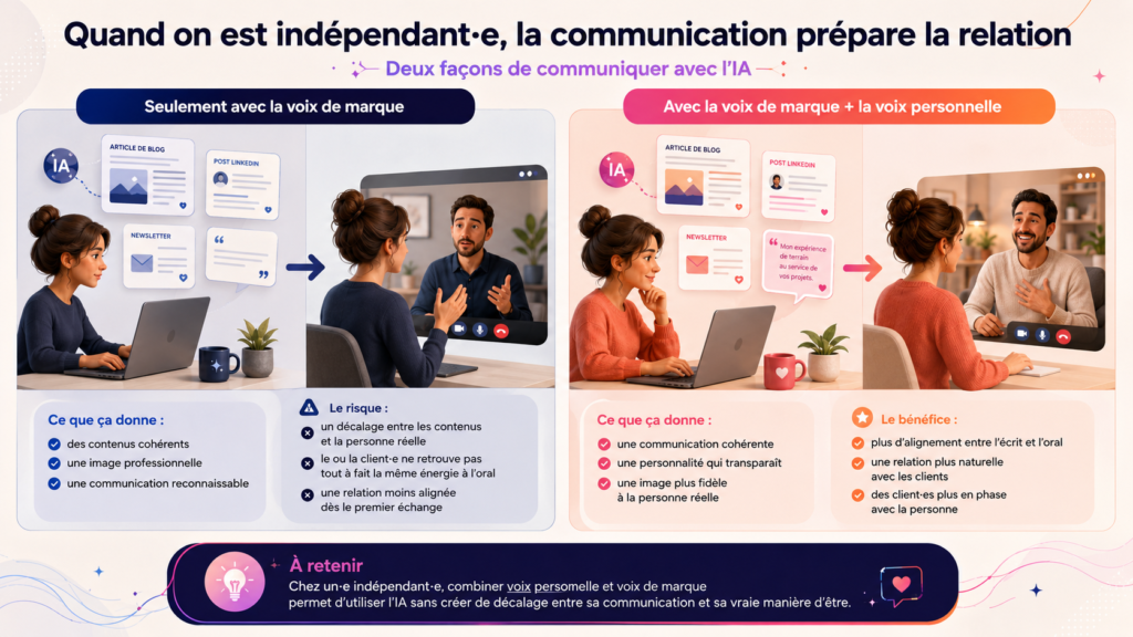 Infographie montrant comment la voix personnelle aide un·e indépendant·e à aligner sa communication écrite avec sa relation client